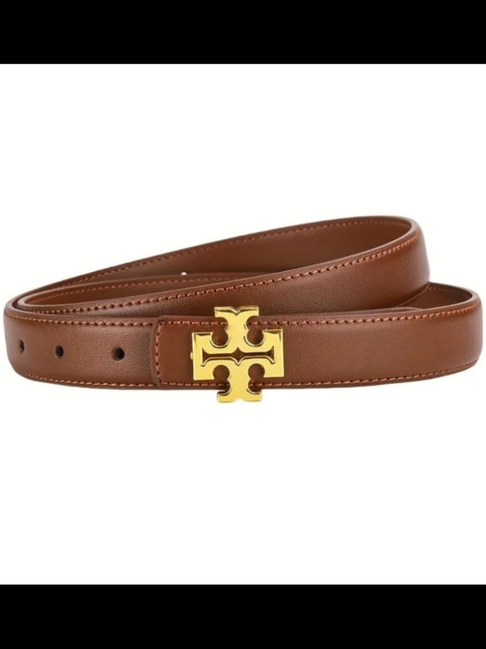 Tory Burch Brown Leather Belt with Gold Logo Buckle Fits 28"- 34"